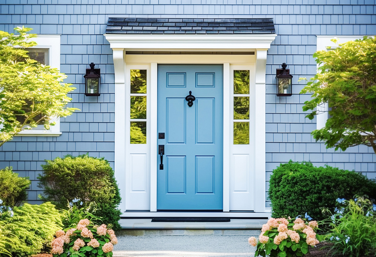A blue entry door on a blue and white home in El Paso.